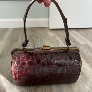 Vintage Brown Alligator Skin Leather Barrel Purse
